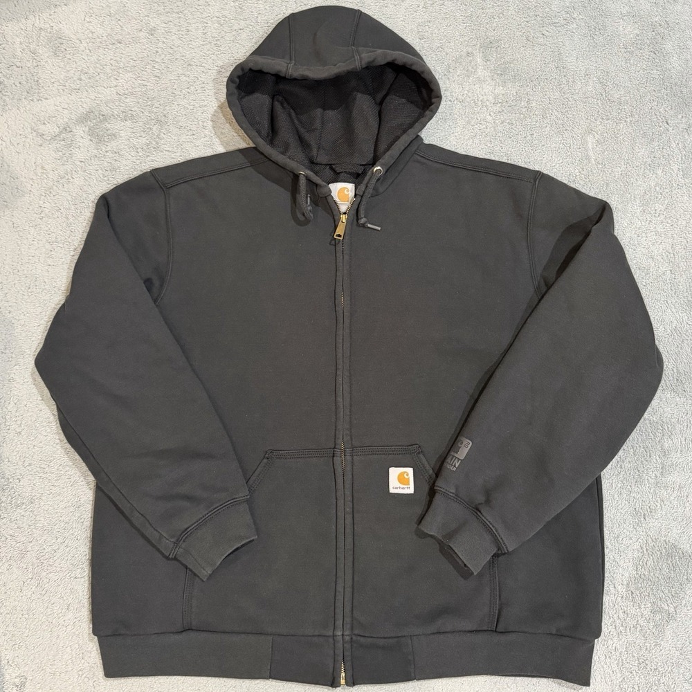 Carhartt Men L Black Thermal Lined Rain Defender Zip Up Hoodie Jacket 100632 001